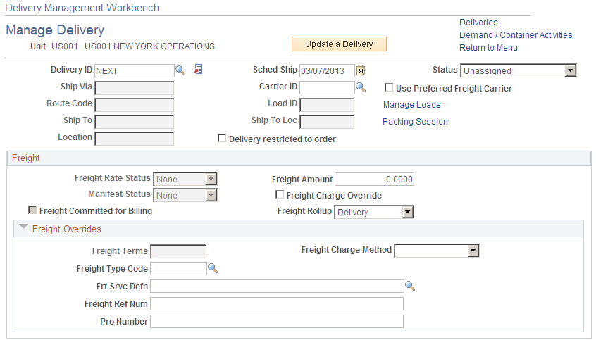 The Delivery Management Workbench-Manage Delivery page (part 1 of 3)
