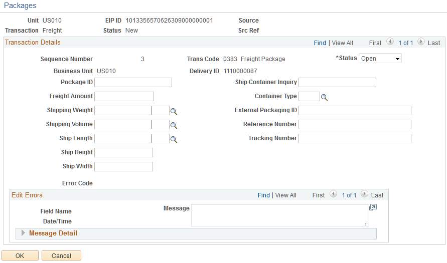 Transaction Maintenance- Freight: Packages page