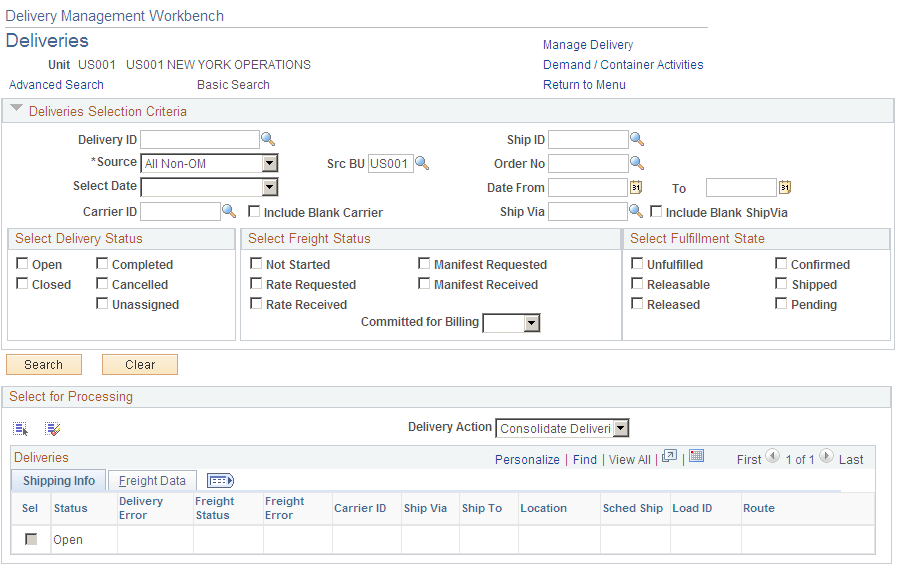 The Delivery Management Workbench-Deliveries page