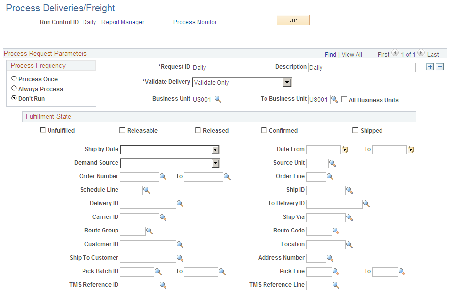 The Process Deliveries/Freight process page in PeopleSoft Inventory (1 of 2)
