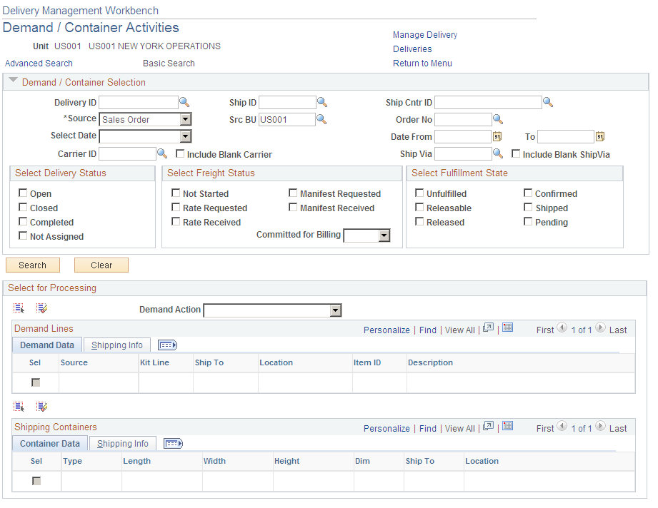 The Delivery Management Workbench-Demand / Container Activities page