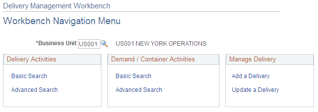 The Delivery Management Workbench- Workbench Navigation Menu page