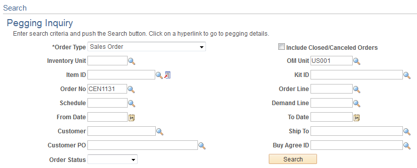 Search - Pegging Inquiry page