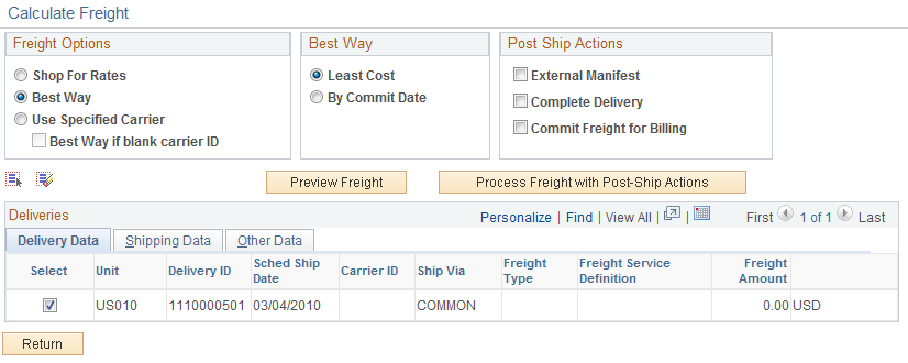 Calculate Freight page