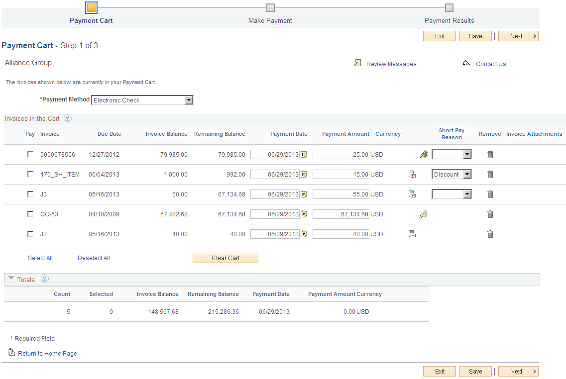 Payment Cart - Step 1 of 3 for an Electronic Check payment