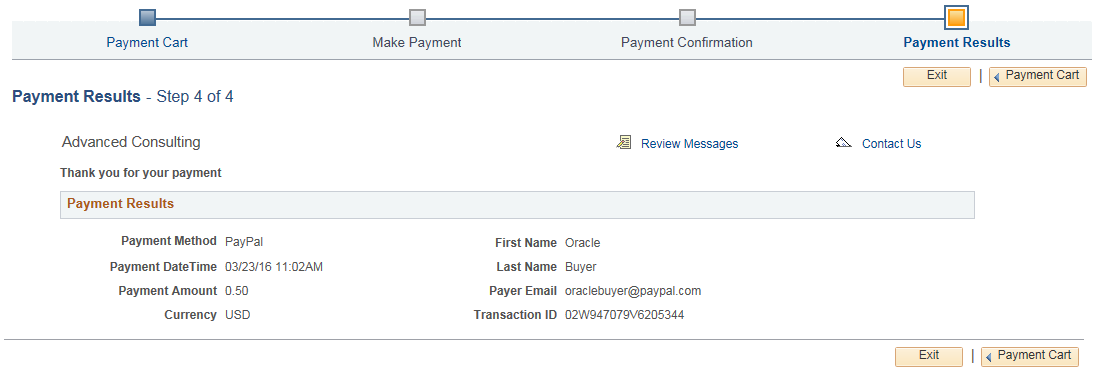 Payment Results - Step 4 of 4 for a PayPal payment