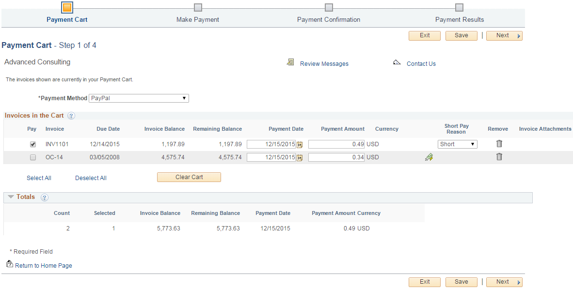 Payment Cart - Step 1 of 4 for a PayPal payment