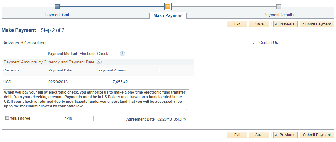 Make Payment - Step 2 of 3 for an Electronic Check payment