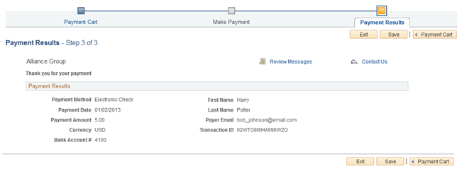 Payment Results - Step 3 of 3 for an Electronic Check payment