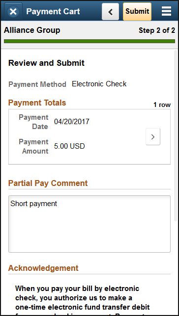 Step 2 of 2: Review and Submit for an electronic check payment (SFF, 1 of 2)
