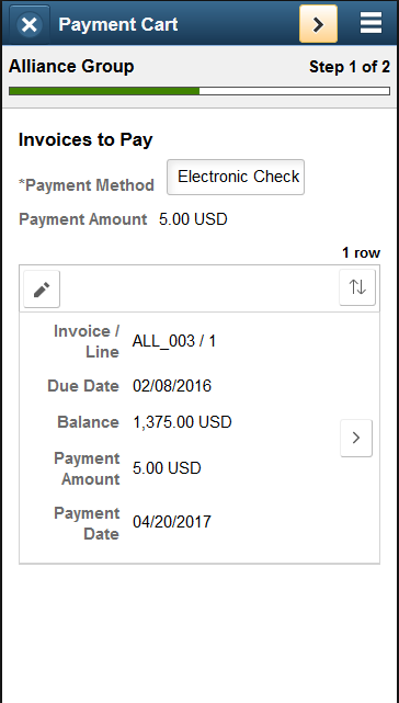 Step 1 of 2: Invoices to Pay page, using electronic check (SFF)