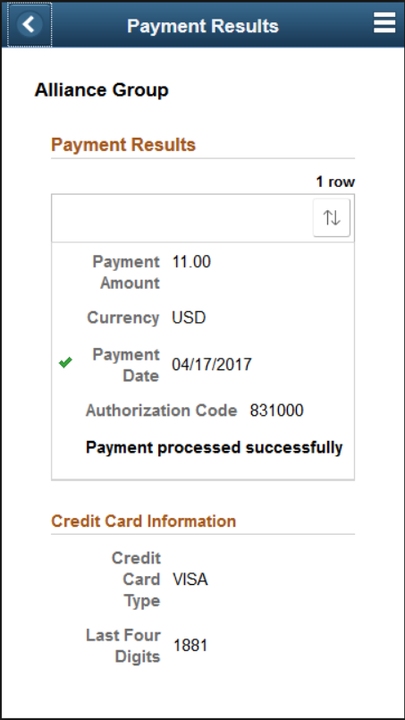 Payment Results page for a credit card payment (SFF)