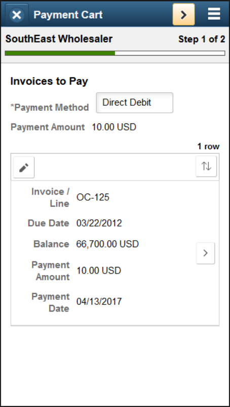 Step 1 of 2: Invoices to Pay page, using direct debit payment method (SFF)
