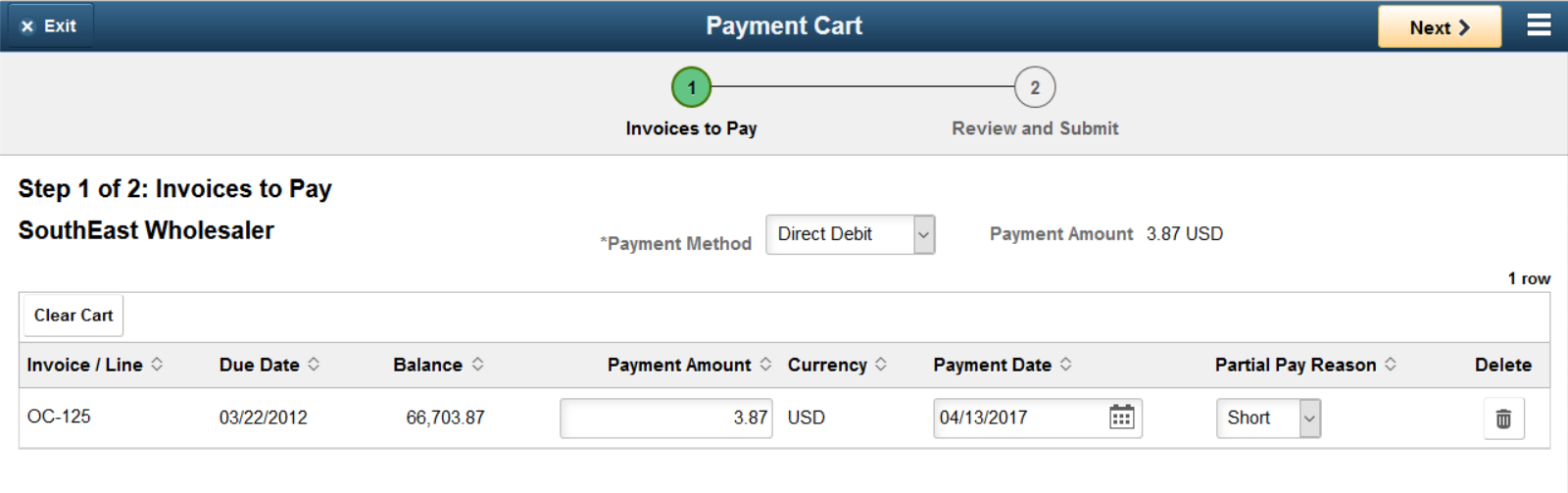 Step 1 of 2: Invoices to Pay page, using direct debit payment method (LFF)