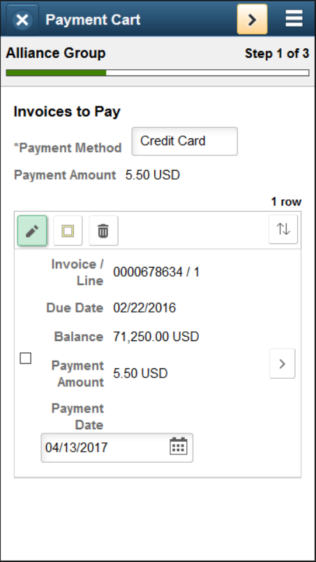 Step 1 of 3: Invoices to Pay page, using a credit card (SFF)