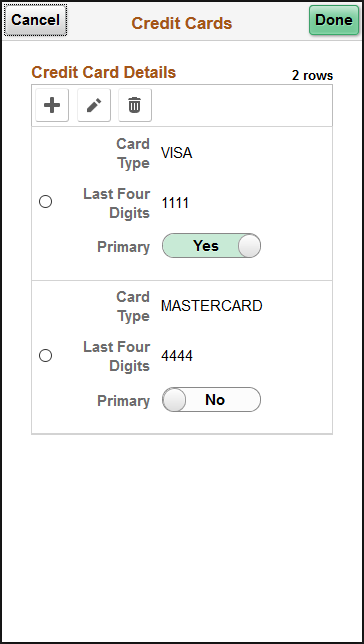 Account Settings - Credit Cards page (SFF)