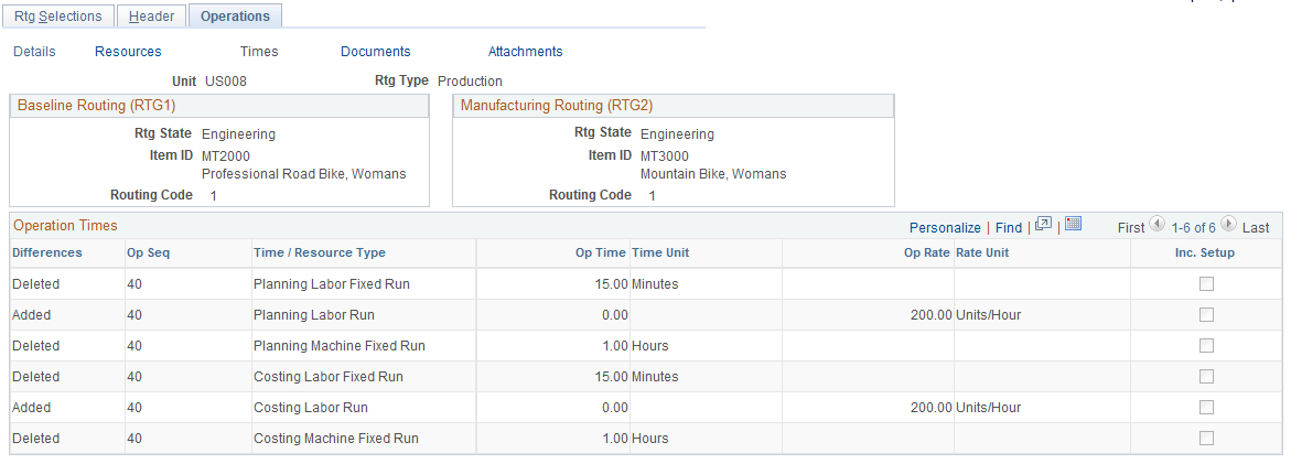 Routing Comparison - Operations: Times page