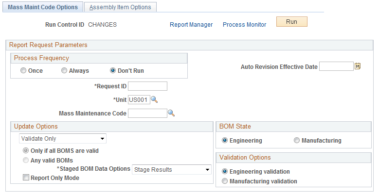 Mass Maint Code Options page