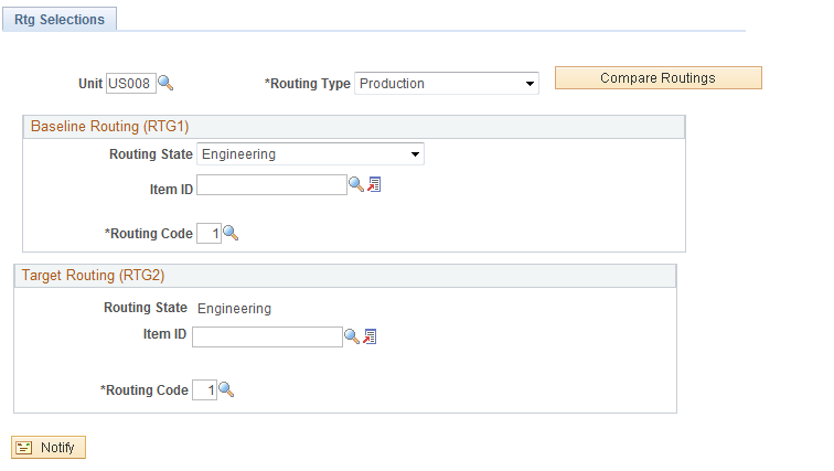 Routing Comparison - Rtg Selections page