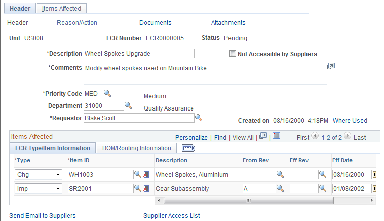 Maintain ECRs - Header: Header page