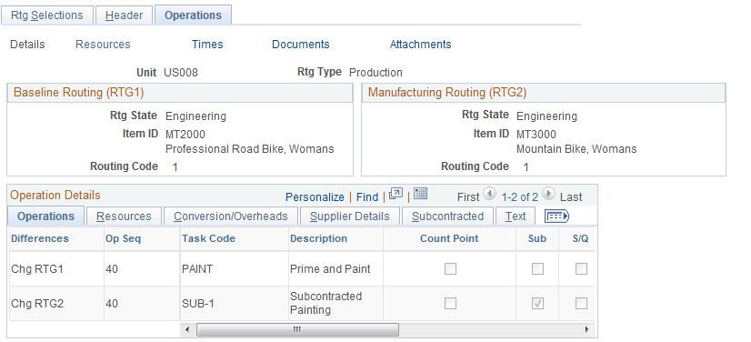 Routing Comparison - Operations: Details page