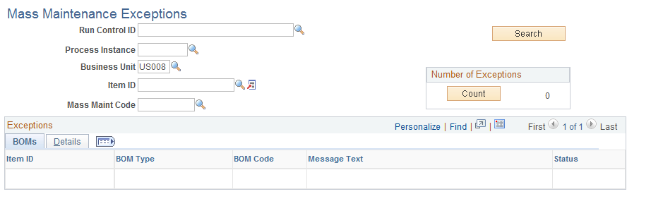 Mass Maintenance Exceptions page