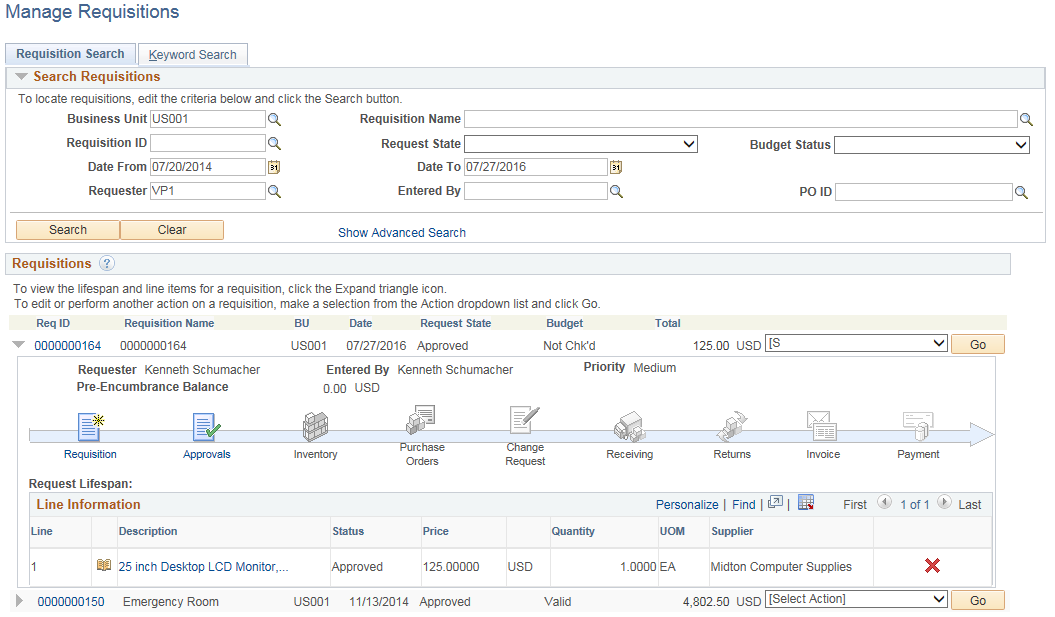 Manage Requisitions page