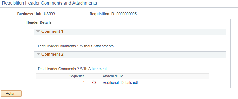 Requisition Header Comments and Attachments page