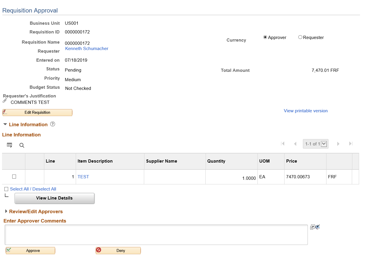 Requisition Approval page