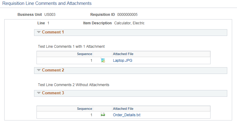 Requisition Classic Line Comments and Attachments page