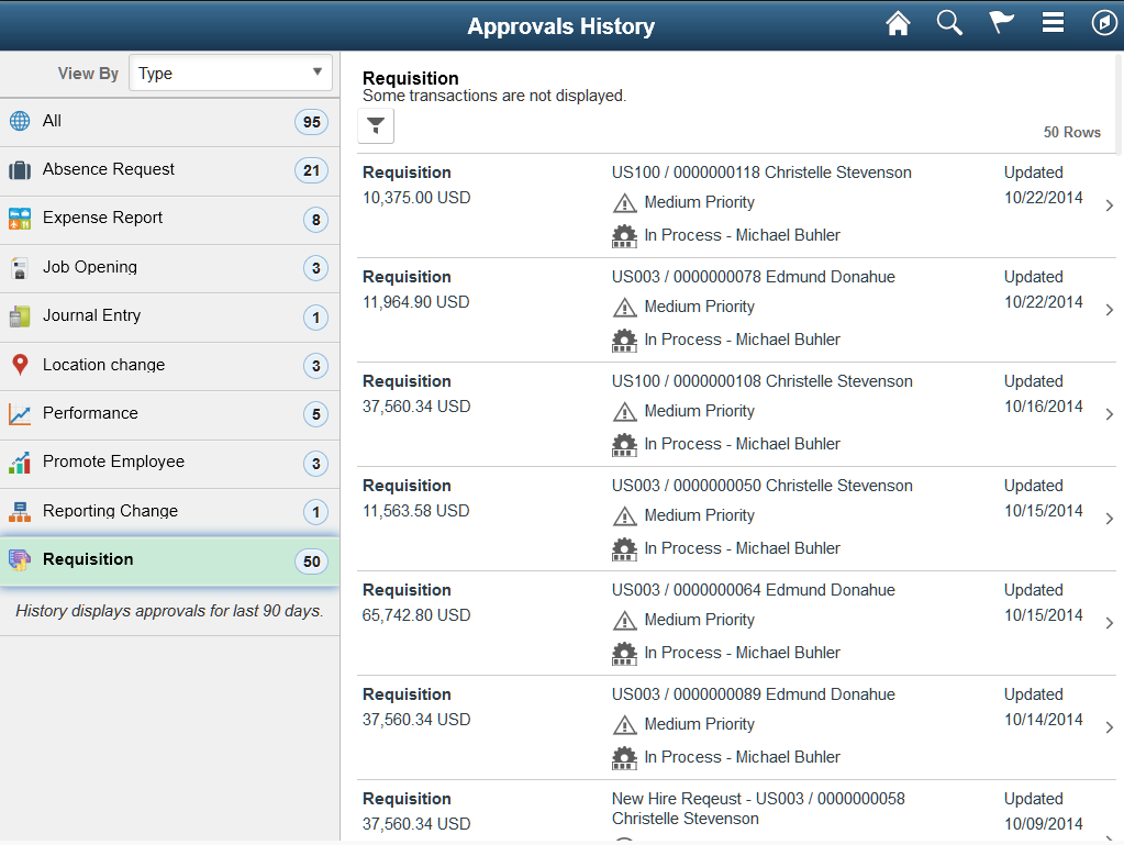 Approvals History - Requisition list page (tablet)