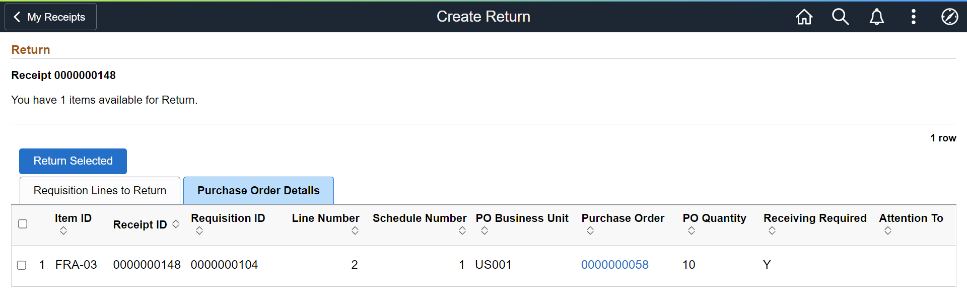 Create Return Purchase Order Details tab