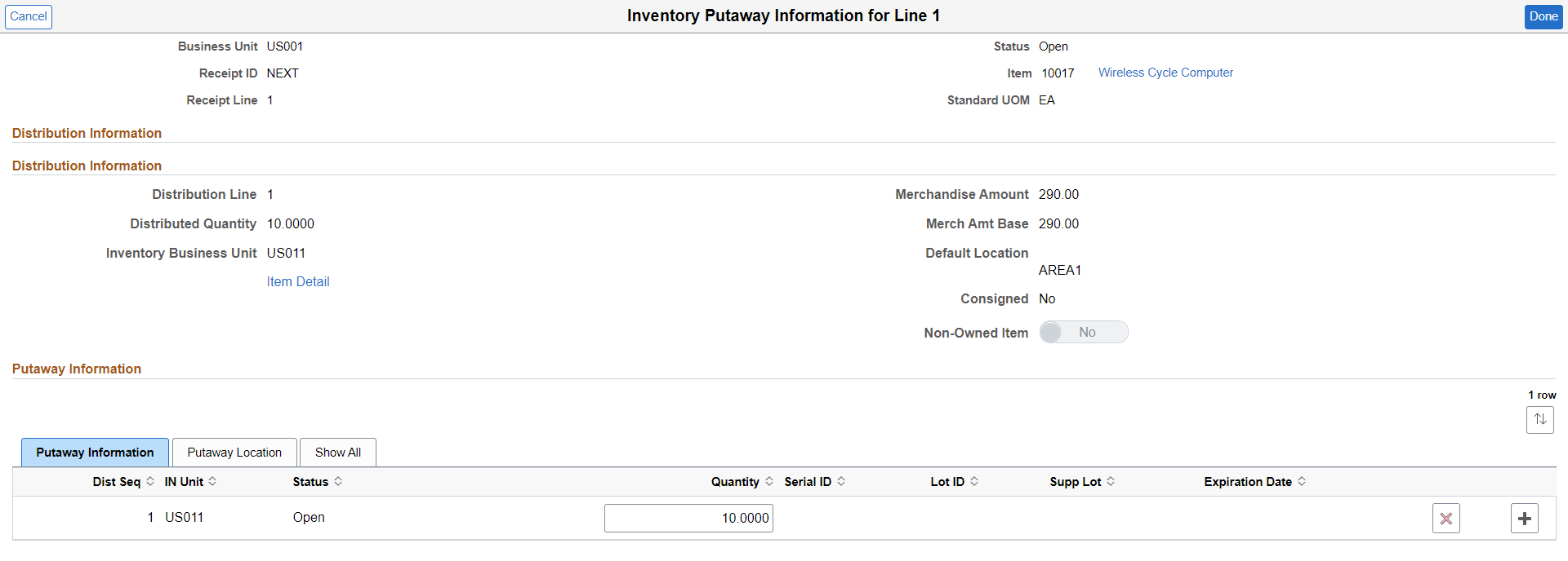 Inventory Putaway Information - Putaway Information tab