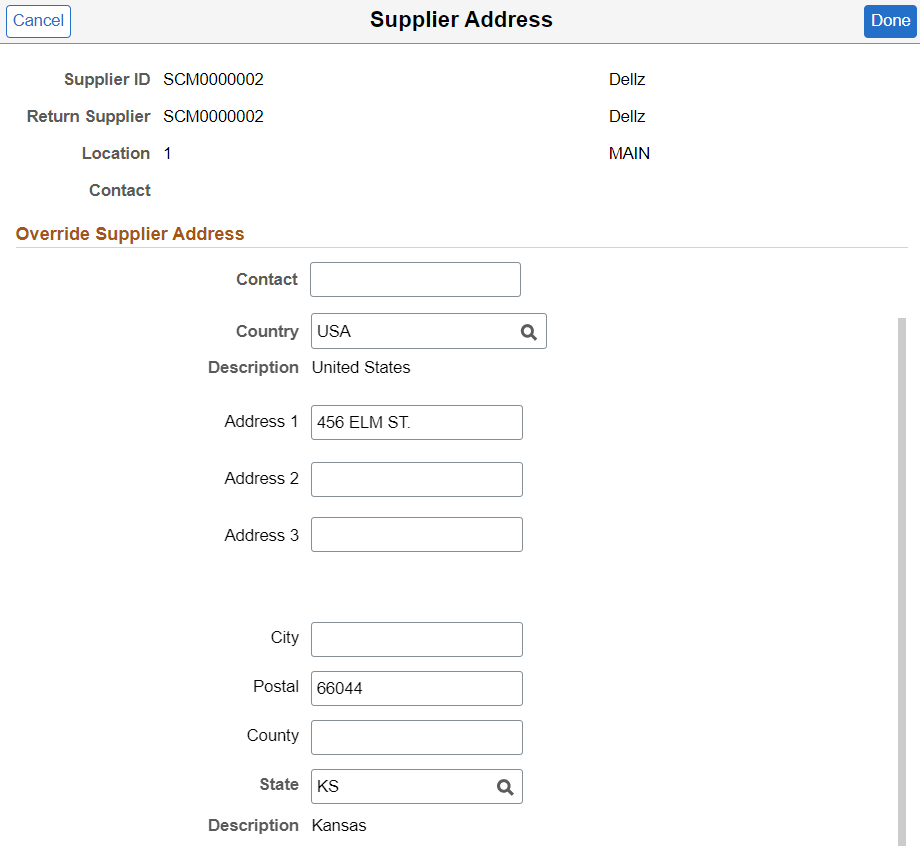 Supplier Address page