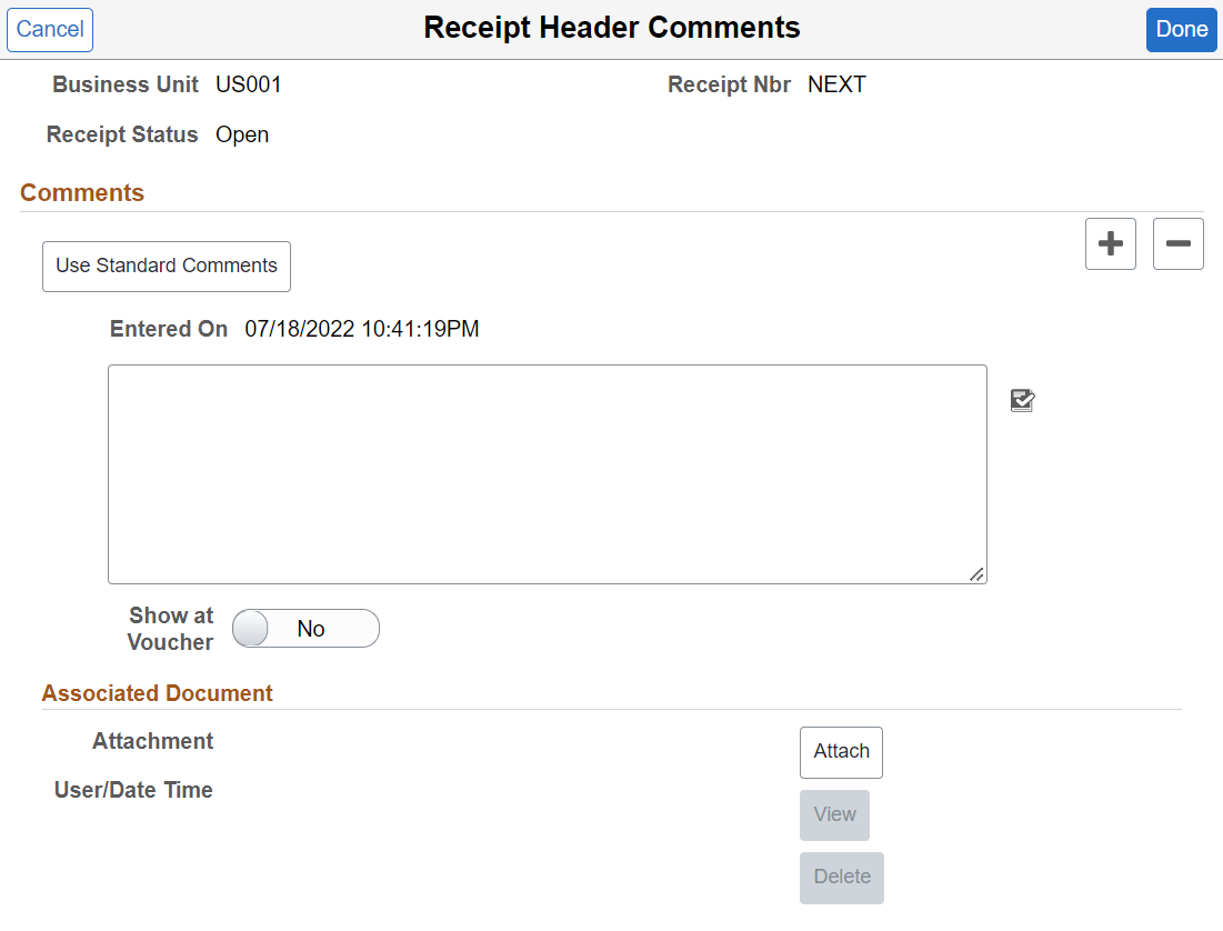 Receipt Header Comments page