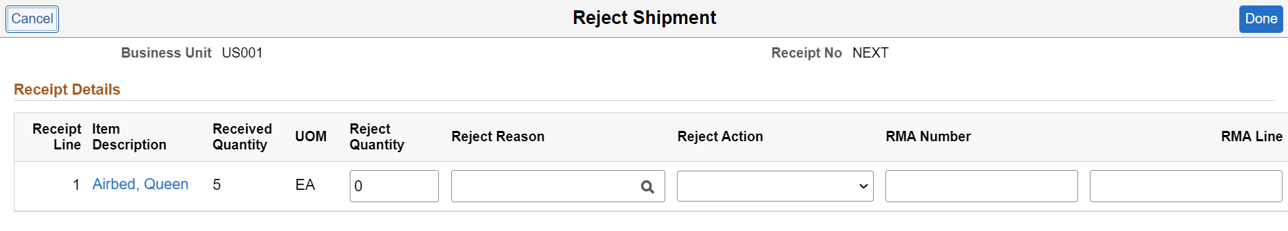 Reject Shipment