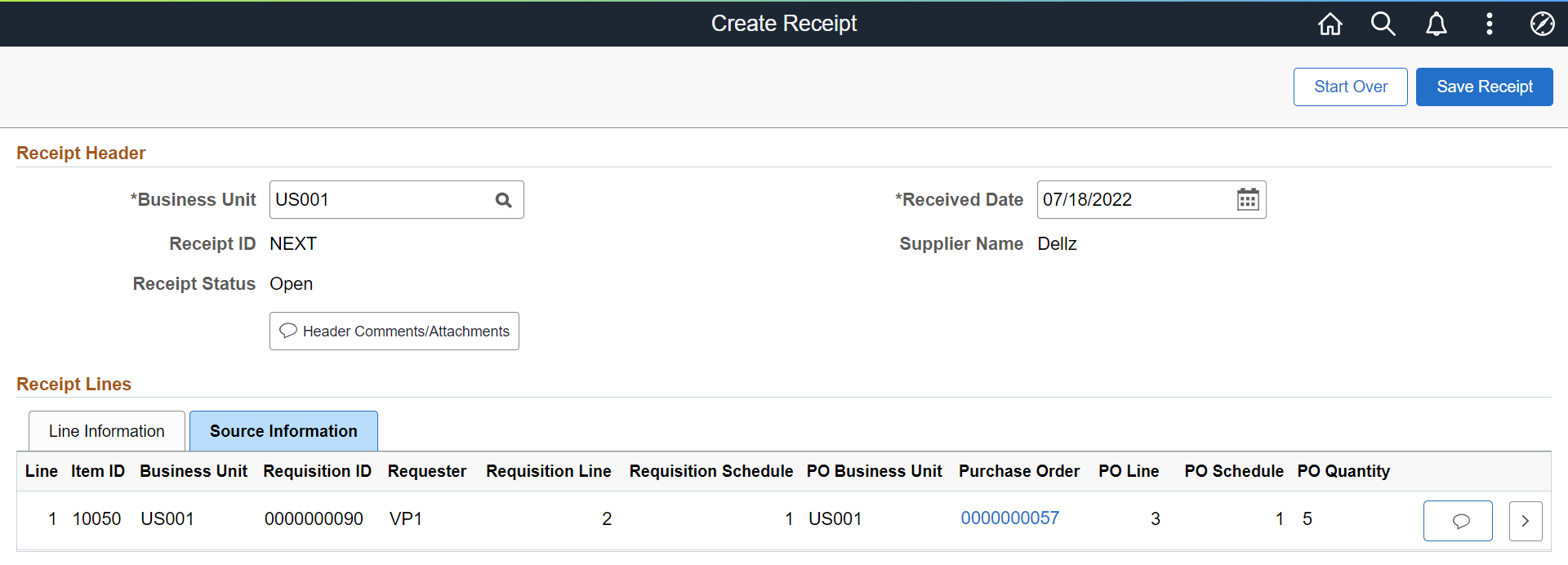 Create Receipt Source Information page