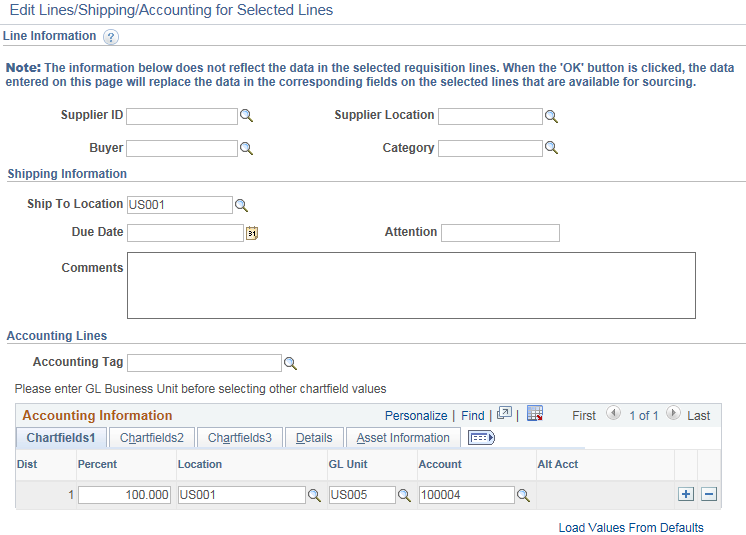 Edit Lines, Shipping, and Accounting Information page