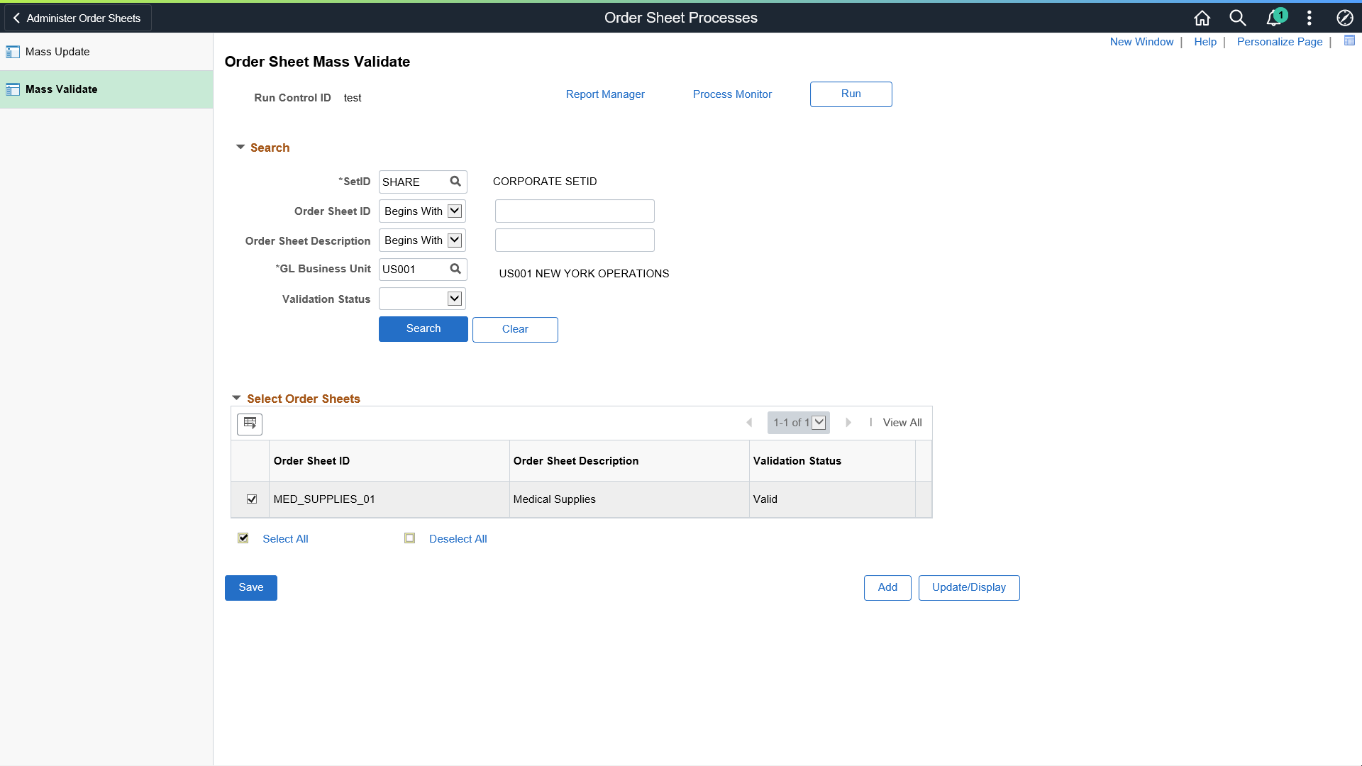 Order Sheets Processes - Run Mass Validate Page