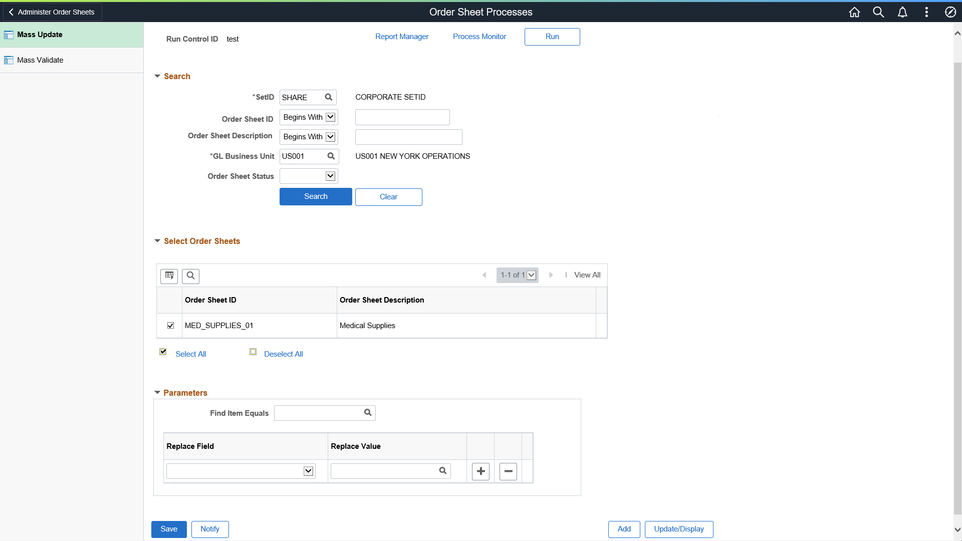 Order Sheets Processes - Run Mass Update Page