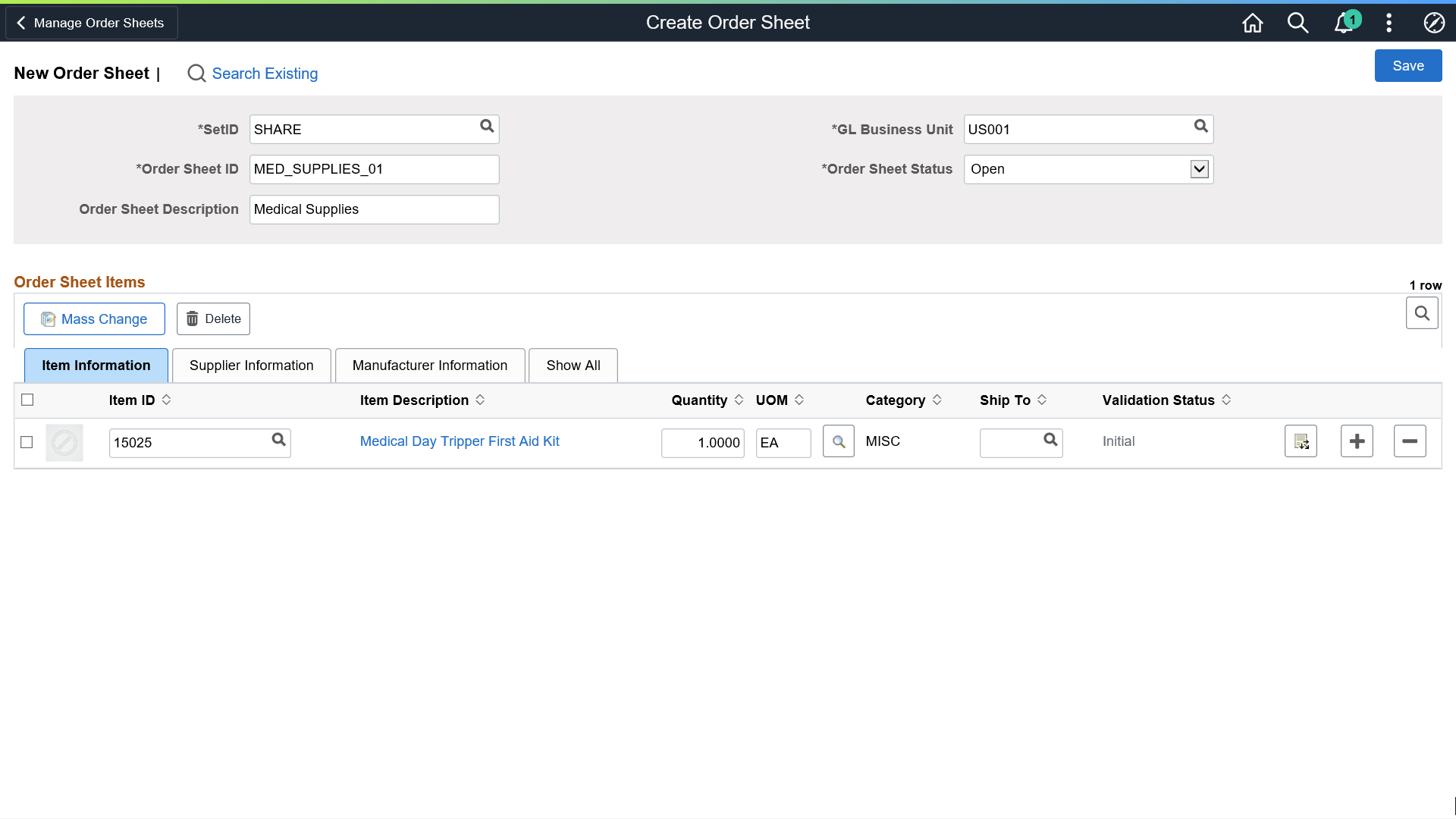 Create Order Sheet Page