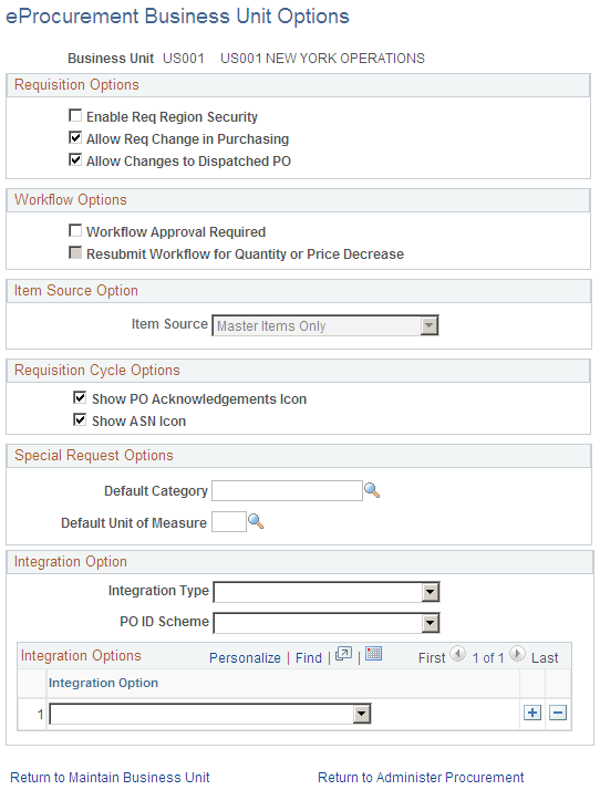 eProcurement Business Unit Options page