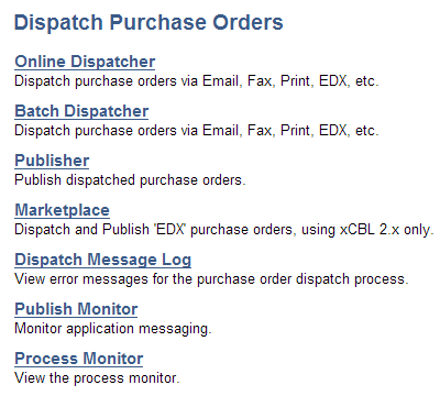 Dispatch Purchase Orders page with BI Publisher enabled to format purchase orders