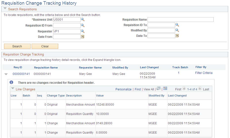 Requisition Change Tracking History page (1 of 2)