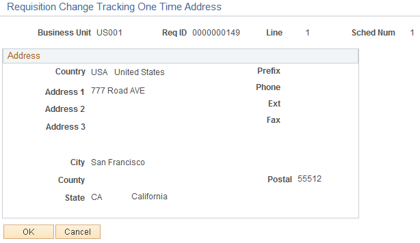 Requisition Change Tracking One Time Address page