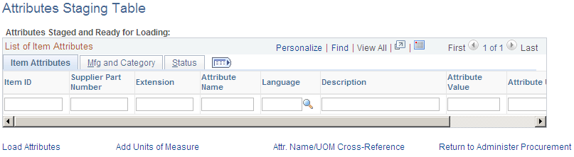 Attributes Staging Table page: Item Attributes tab