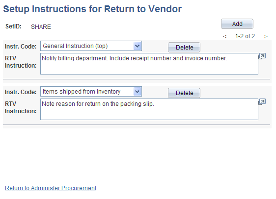 Setup Instructions for Return to Vendor page