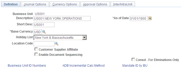 General Ledger - Definition page