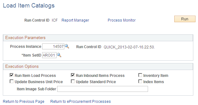 Load Item Catalogs page