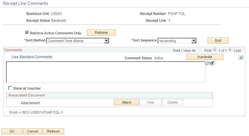 Receipt Line Comments page